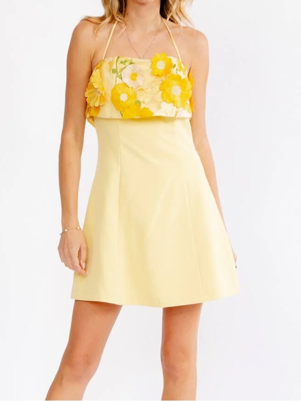 Floral Appliqué Yellow Mini Dress - Picture 12 of 15